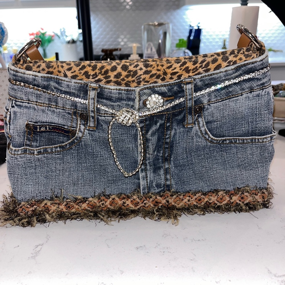 Leopard Print and Denim Women's Bag
